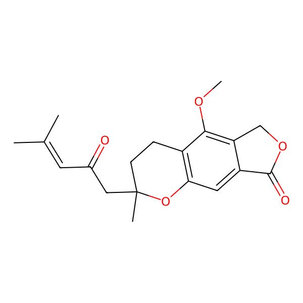 2D Structure of (2R)-5-methoxy-2-methyl-2-(4-methyl-2-oxopent-3-enyl)-4,6-dihydro-3H-furo[3,4-g]chromen-8-one