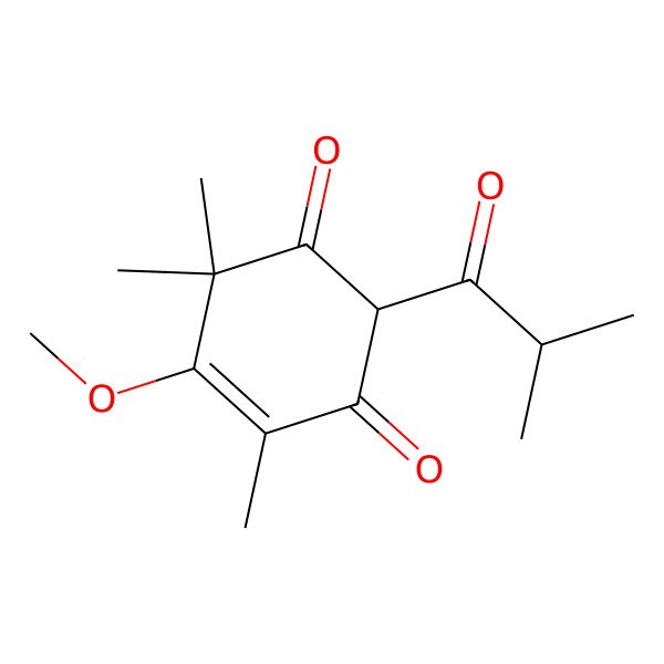 2D Structure of (2R)-5-methoxy-4,6,6-trimethyl-2-(2-methylpropanoyl)cyclohex-4-ene-1,3-dione 2D Structure of (2R)-5-methoxy-4,6,6-trimethyl-2-(2-methylpropanoyl)cyclohex-4-ene-1,3-dione