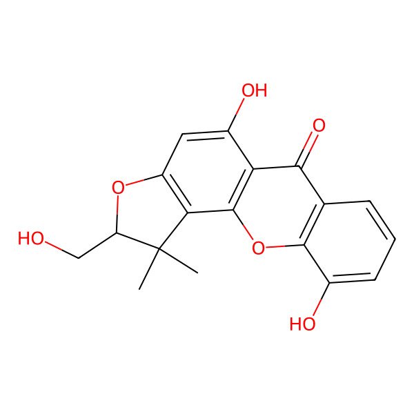 2D Structure of (2R)-5,10-dihydroxy-2-(hydroxymethyl)-1,1-dimethyl-2H-furo[2,3-c]xanthen-6-one