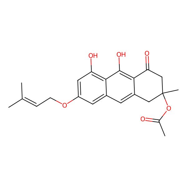 2D Structure of [(2R)-5,10-dihydroxy-2-methyl-7-(3-methylbut-2-enoxy)-4-oxo-1,3-dihydroanthracen-2-yl] acetate