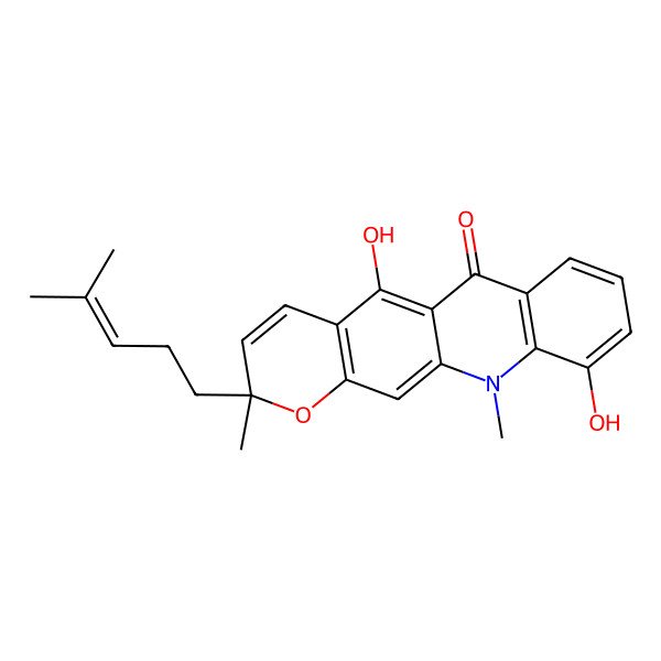 2D Structure of (2R)-5,10-dihydroxy-2,11-dimethyl-2-(4-methylpent-3-enyl)pyrano[3,2-b]acridin-6-one
