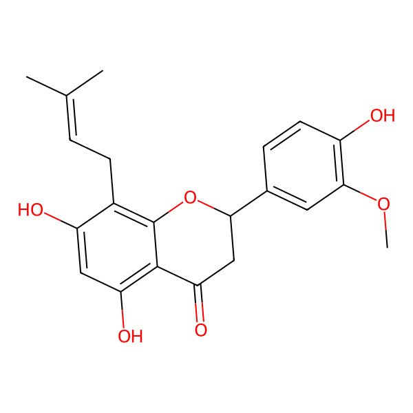 2D Structure of (2R)-5,7-dihydroxy-2-(4-hydroxy-3-methoxyphenyl)-8-(3-methylbut-2-enyl)-2,3-dihydrochromen-4-one