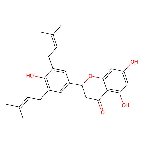 2D Structure of (2R)-5,7-dihydroxy-2-[4-hydroxy-3,5-bis(3-methylbut-2-enyl)phenyl]-2,3-dihydrochromen-4-one