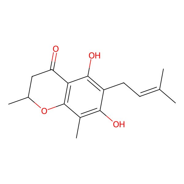 2D Structure of (2R)-5,7-dihydroxy-2,8-dimethyl-6-(3-methylbut-2-enyl)-2,3-dihydrochromen-4-one