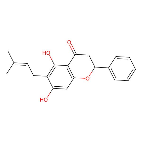 2D Structure of (2R)-5,7-dihydroxy-6-(3-methylbut-2-enyl)-2-phenyl-2,3-dihydrochromen-4-one 2D Structure of (2R)-5,7-dihydroxy-6-(3-methylbut-2-enyl)-2-phenyl-2,3-dihydrochromen-4-one