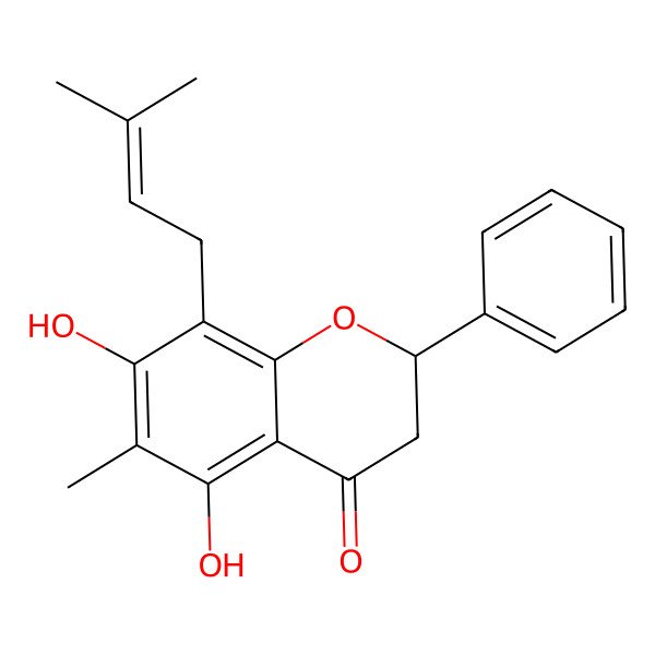 2D Structure of (2R)-5,7-dihydroxy-6-methyl-8-(3-methylbut-2-enyl)-2-phenyl-2,3-dihydrochromen-4-one 2D Structure of (2R)-5,7-dihydroxy-6-methyl-8-(3-methylbut-2-enyl)-2-phenyl-2,3-dihydrochromen-4-one
