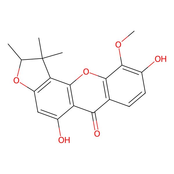 2D Structure of (2R)-5,9-dihydroxy-10-methoxy-1,1,2-trimethyl-2H-furo[2,3-c]xanthen-6-one