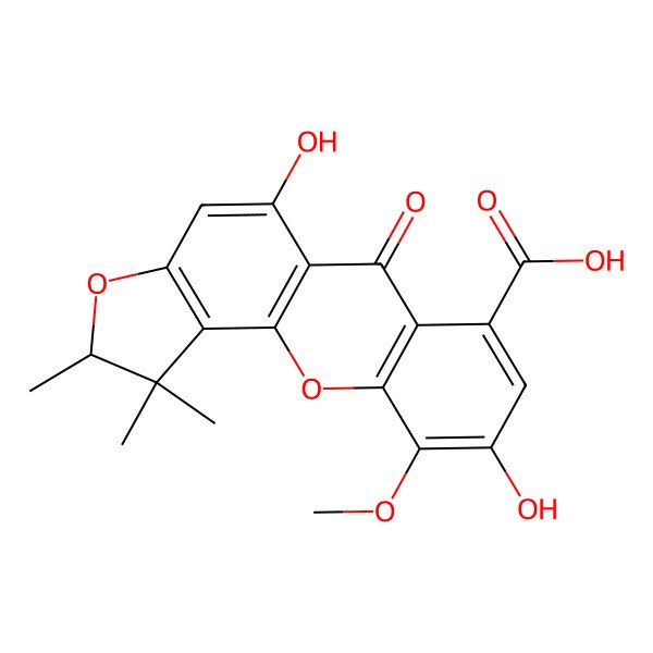 2D Structure of (2R)-5,9-dihydroxy-10-methoxy-1,1,2-trimethyl-6-oxo-2H-[1]benzofuro[4,5-b]chromene-7-carboxylic acid