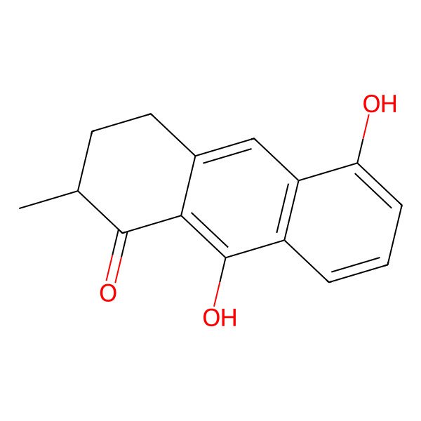 2D Structure of (2R)-5,9-dihydroxy-2-methyl-3,4-dihydro-2H-anthracen-1-one