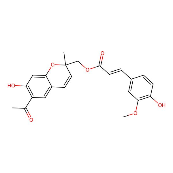 2D Structure of [(2R)-6-acetyl-7-hydroxy-2-methylchromen-2-yl]methyl (E)-3-(4-hydroxy-3-methoxyphenyl)prop-2-enoate