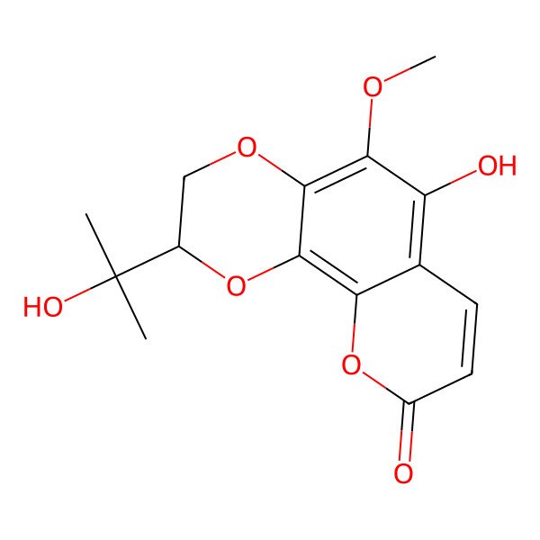 2D Structure of (2R)-6-hydroxy-2-(2-hydroxypropan-2-yl)-5-methoxy-2,3-dihydropyrano[3,2-h][1,4]benzodioxin-9-one
