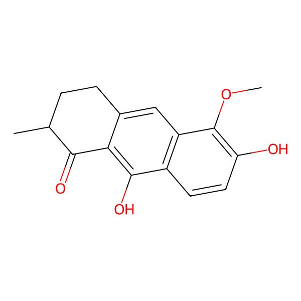 2D Structure of (2R)-6,9-dihydroxy-5-methoxy-2-methyl-3,4-dihydro-2H-anthracen-1-one