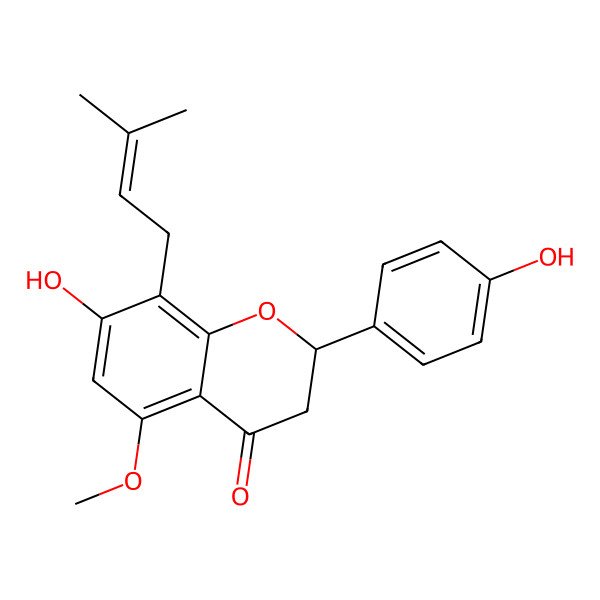 2D Structure of (2R)-7-hydroxy-2-(4-hydroxyphenyl)-5-methoxy-8-(3-methylbut-2-enyl)-2,3-dihydrochromen-4-one