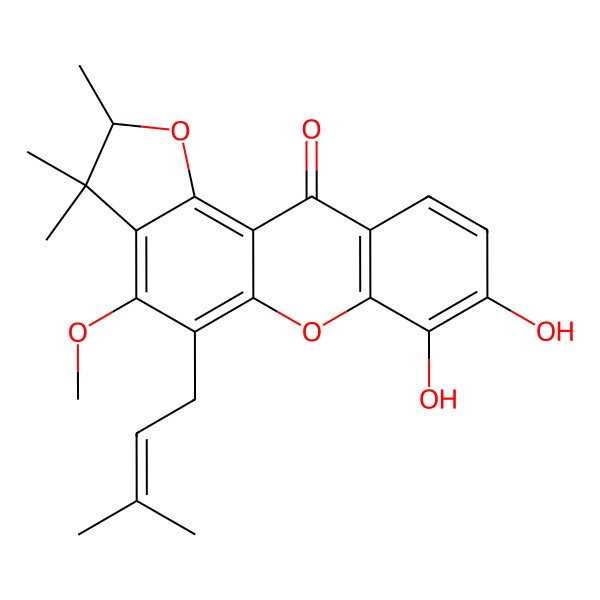 2D Structure of (2R)-7,8-dihydroxy-4-methoxy-2,3,3-trimethyl-5-(3-methylbut-2-enyl)-2H-furo[2,3-a]xanthen-11-one