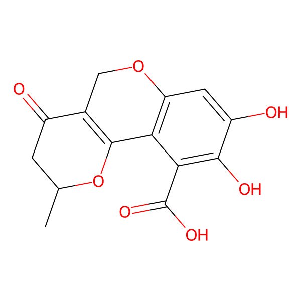 2D Structure of (2R)-8,9-dihydroxy-2-methyl-4-oxo-3,5-dihydro-2H-pyrano[3,2-c]chromene-10-carboxylic acid