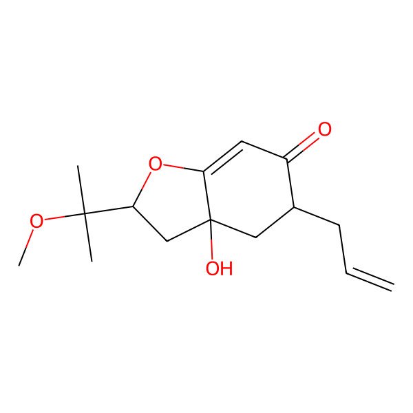 2D Structure of (2R,3aR,5S)-3a-hydroxy-2-(2-methoxypropan-2-yl)-5-prop-2-enyl-2,3,4,5-tetrahydro-1-benzofuran-6-one 2D Structure of (2R,3aR,5S)-3a-hydroxy-2-(2-methoxypropan-2-yl)-5-prop-2-enyl-2,3,4,5-tetrahydro-1-benzofuran-6-one