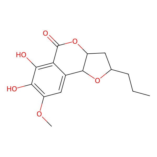 2D Structure of (2R,3aR,9bR)-6,7-dihydroxy-8-methoxy-2-propyl-2,3,3a,9b-tetrahydrofuro[3,2-c]isochromen-5-one