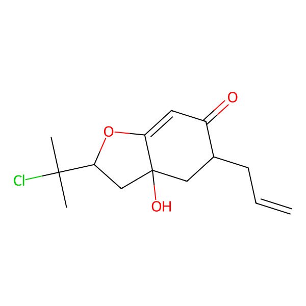 2D Structure of (2R,3aS,5R)-2-(2-chloropropan-2-yl)-3a-hydroxy-5-prop-2-enyl-2,3,4,5-tetrahydro-1-benzofuran-6-one 2D Structure of (2R,3aS,5R)-2-(2-chloropropan-2-yl)-3a-hydroxy-5-prop-2-enyl-2,3,4,5-tetrahydro-1-benzofuran-6-one