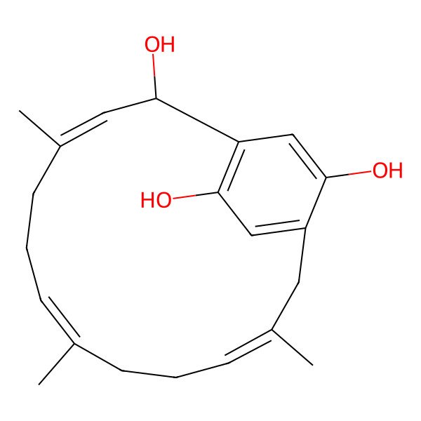 2D Structure of (2R,3E,7E,11Z)-4,8,12-trimethylbicyclo[12.2.2]octadeca-1(17),3,7,11,14(18),15-hexaene-2,15,17-triol