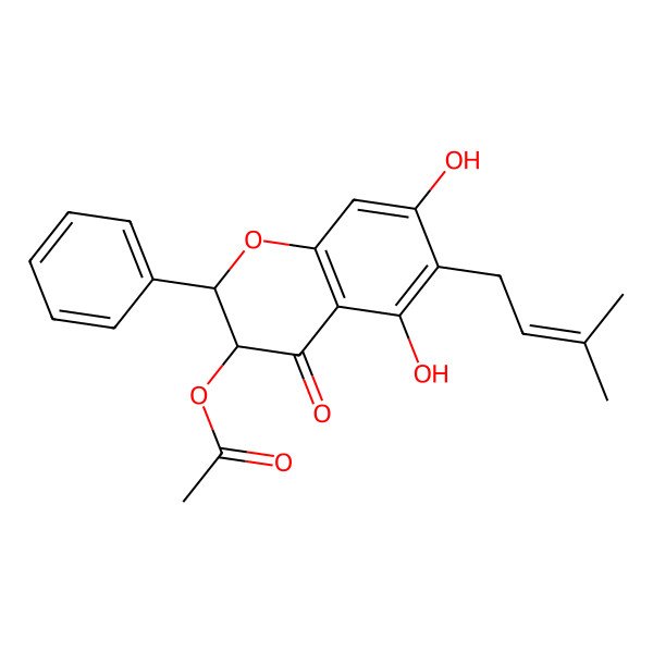 2D Structure of [(2R,3R)-5,7-dihydroxy-6-(3-methylbut-2-enyl)-4-oxo-2-phenyl-2,3-dihydrochromen-3-yl] acetate