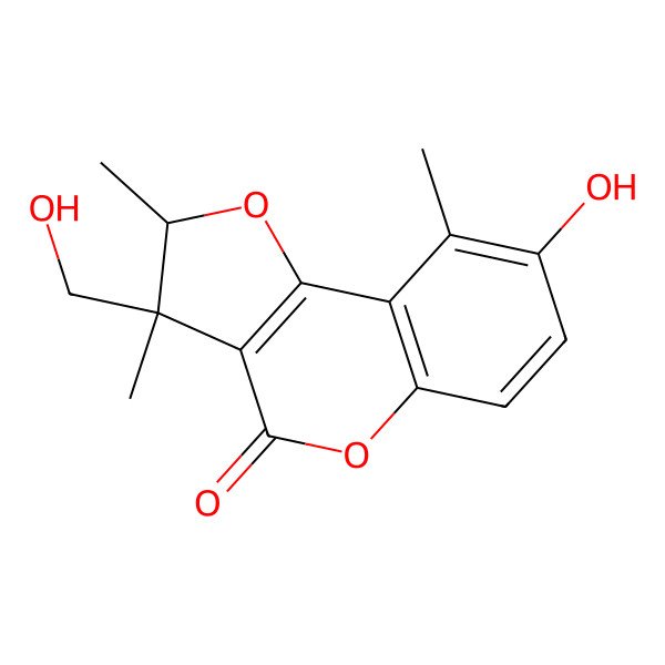2D Structure of (2R,3R)-8-hydroxy-3-(hydroxymethyl)-2,3,9-trimethyl-2H-furo[3,2-c]chromen-4-one