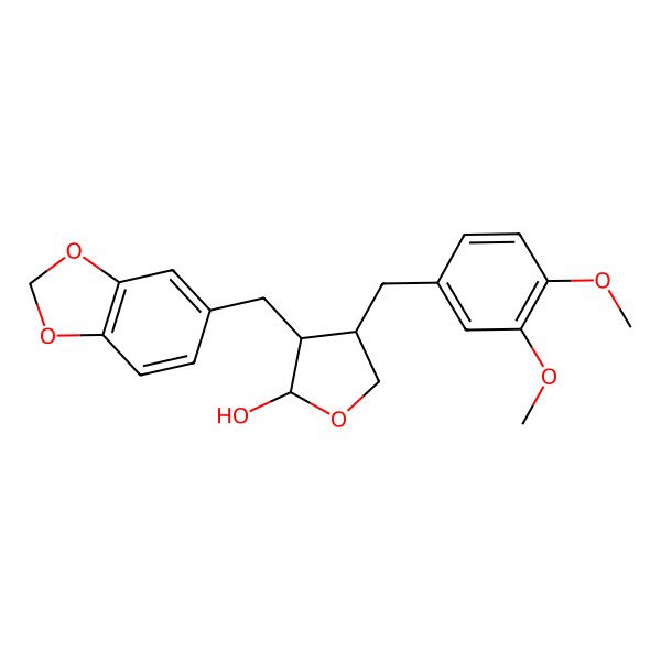 2D Structure of (2R,3R,4R)-3-(1,3-Benzodioxol-5-ylmethyl)-4-[(3,4-dimethoxyphenyl)methyl]tetrahydro-2-furanol