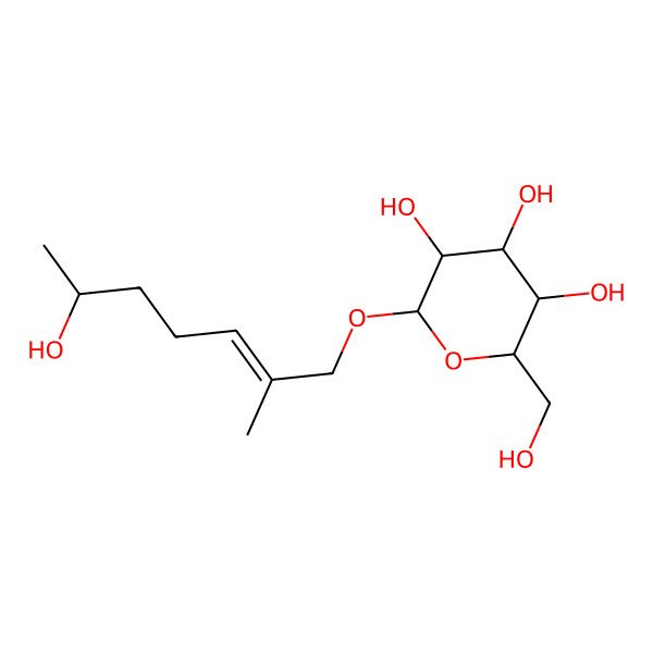 2D Structure of (2R,3R,4S,5R,6R)-2-(hydroxymethyl)-6-[(E,6S)-6-hydroxy-2-methylhept-2-enoxy]oxane-3,4,5-triol
