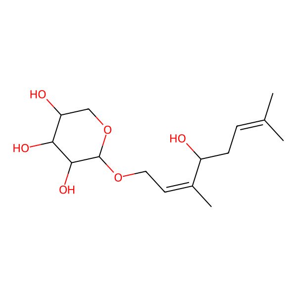 2D Structure of (2R,3R,4S,5S)-2-[(2E,4S)-4-hydroxy-3,7-dimethylocta-2,6-dienoxy]oxane-3,4,5-triol