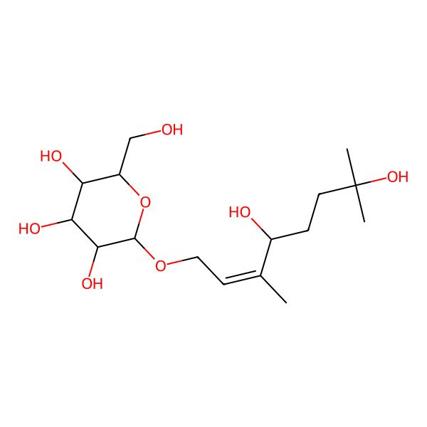 2D Structure of (2R,3R,4S,5S,6R)-2-[(E,4R)-4,7-dihydroxy-3,7-dimethyloct-2-enoxy]-6-(hydroxymethyl)oxane-3,4,5-triol