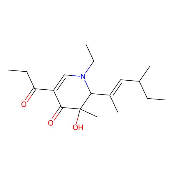 2D Structure of (2R,3S)-1-ethyl-3-hydroxy-3-methyl-2-[(E,4S)-4-methylhex-2-en-2-yl]-5-propanoyl-2H-pyridin-4-one