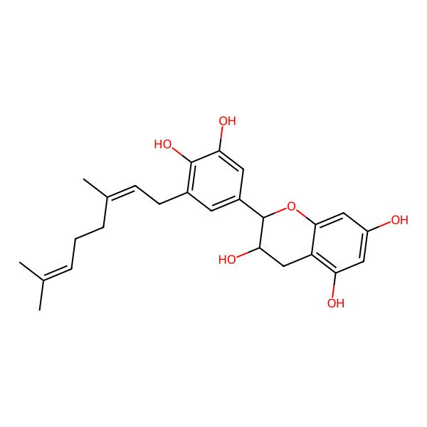 2D Structure of (2R,3S)-2-[3-(3,7-dimethylocta-2,6-dienyl)-4,5-dihydroxyphenyl]-3,4-dihydro-2H-chromene-3,5,7-triol