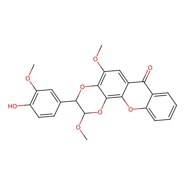 2D Structure of (2R,3S)-3-(4-hydroxy-3-methoxyphenyl)-2,5-dimethoxy-2,3-dihydro-[1,4]dioxino[2,3-c]xanthen-7-one