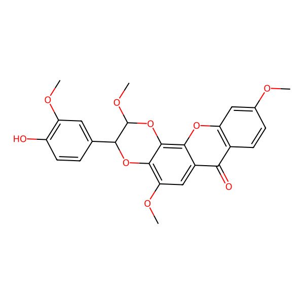 2D Structure of (2R,3S)-3-(4-hydroxy-3-methoxyphenyl)-2,5,10-trimethoxy-2,3-dihydro-[1,4]dioxino[2,3-c]xanthen-7-one