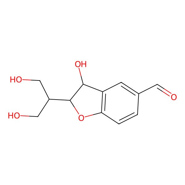 2D Structure of (2R,3S)-3-hydroxy-2-(1,3-dihydroxypropan-2-yl)-2,3-dihydrobenzofuran-5-carbaldehyde