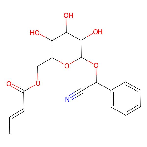 2D Structure of [(2R,3S,4S,5R,6R)-6-[(R)-cyano(phenyl)methoxy]-3,4,5-trihydroxyoxan-2-yl]methyl (E)-but-2-enoate