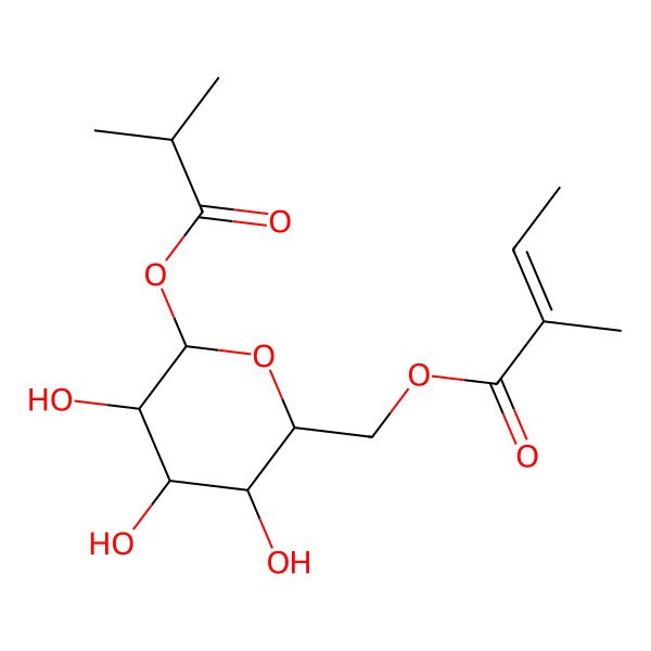 2D Structure of [(2R,3S,4S,5R,6S)-3,4,5-trihydroxy-6-(2-methylpropanoyloxy)oxan-2-yl]methyl (E)-2-methylbut-2-enoate