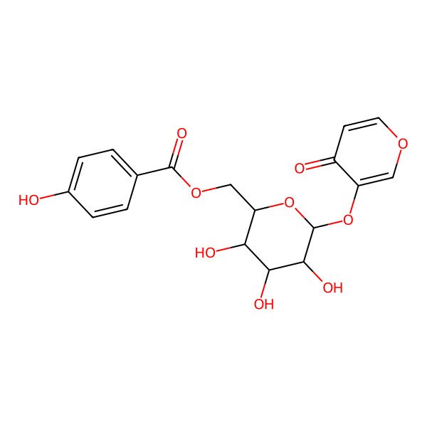 2D Structure of [(2R,3S,4S,5R,6S)-3,4,5-trihydroxy-6-(4-oxopyran-3-yl)oxyoxan-2-yl]methyl 4-hydroxybenzoate