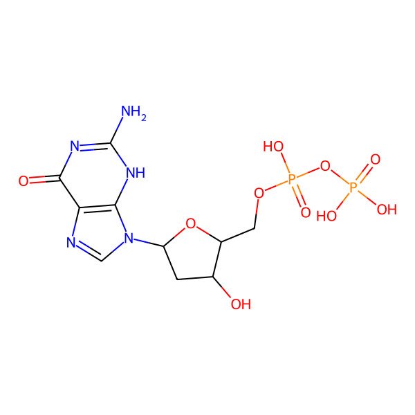 2D Structure of [(2R,3S,5R)-5-(2-amino-6-oxo-3H-purin-9-yl)-3-hydroxyoxolan-2-yl]methyl phosphono hydrogen phosphate