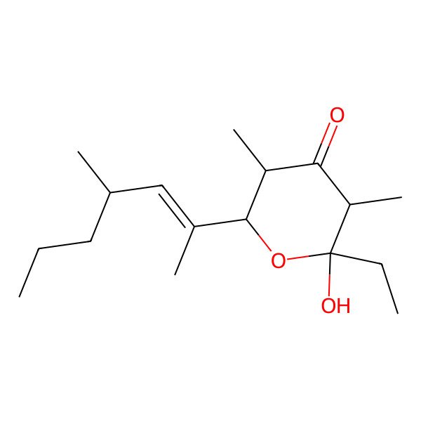 2D Structure of (2R,3S,5S,6R)-2-ethyl-2-hydroxy-3,5-dimethyl-6-[(E,4R)-4-methylhept-2-en-2-yl]oxan-4-one