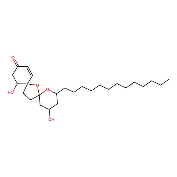 2D Structure of (2R,4R,6R,8R,9R)-2,9-dihydroxy-4-tridecyl-5,7-dioxadispiro[5.1.58.26]pentadec-12-en-11-one