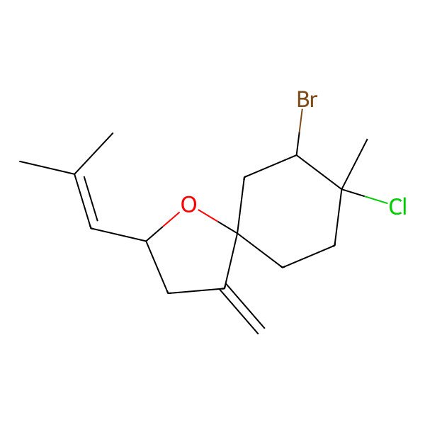 2D Structure of (2R,5R,7S,8S)-7-bromo-8-chloro-8-methyl-4-methylidene-2-(2-methylprop-1-enyl)-1-oxaspiro[4.5]decane