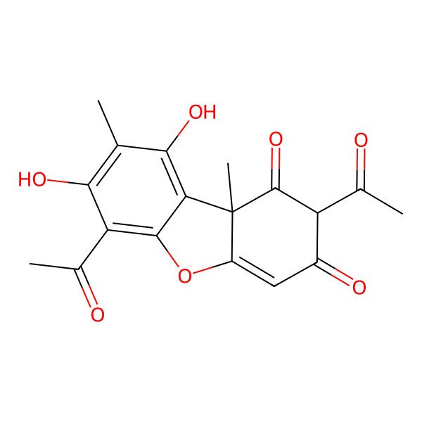 2D Structure of (2R,9bS)-2,6-diacetyl-7,9-dihydroxy-8,9b-dimethyldibenzofuran-1,3-dione