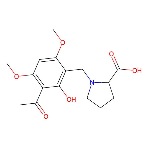 2D Structure of (2S)-1-[(3-acetyl-2-hydroxy-4,6-dimethoxyphenyl)methyl]pyrrolidine-2-carboxylic acid