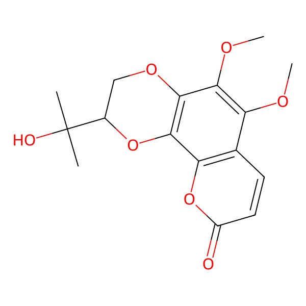 2D Structure of (2S)-2-(2-hydroxypropan-2-yl)-5,6-dimethoxy-2,3-dihydropyrano[3,2-h][1,4]benzodioxin-9-one