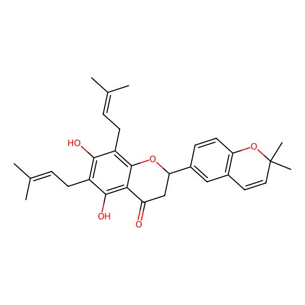 2D Structure of (2S)-2-(2,2-dimethylchromen-6-yl)-5,7-dihydroxy-6,8-bis(3-methylbut-2-enyl)-2,3-dihydrochromen-4-one