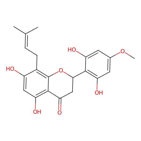 2D Structure of (2S)-2-(2,6-dihydroxy-4-methoxyphenyl)-5,7-dihydroxy-8-(3-methylbut-2-enyl)-2,3-dihydrochromen-4-one