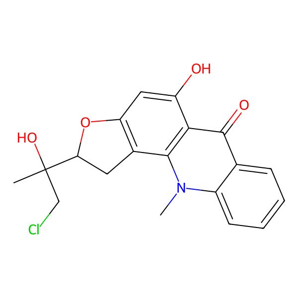 2D Structure of (2S)-2-[(2R)-1-chloro-2-hydroxypropan-2-yl]-5-hydroxy-11-methyl-1,2-dihydrofuro[2,3-c]acridin-6-one