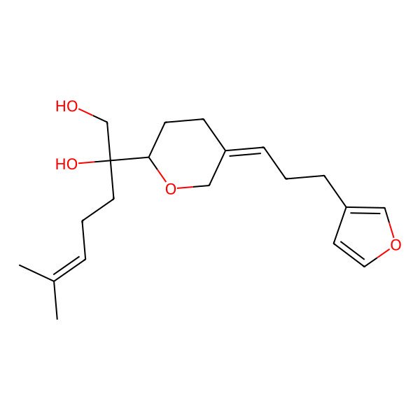 2D Structure of (2S)-2-[(2R,5E)-5-[3-(furan-3-yl)propylidene]oxan-2-yl]-6-methylhept-5-ene-1,2-diol