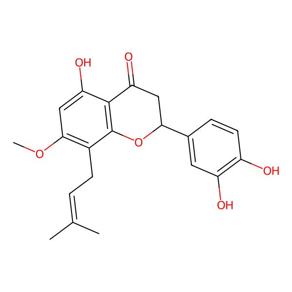 2D Structure of (2S)-2-(3,4-dihydroxyphenyl)-5-hydroxy-7-methoxy-8-(3-methylbut-2-enyl)-2,3-dihydrochromen-4-one