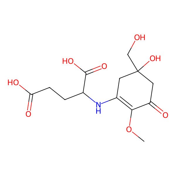 2D Structure of (2S)-2-[[(5R)-5-hydroxy-5-(hydroxymethyl)-2-methoxy-3-oxocyclohexen-1-yl]amino]pentanedioic acid